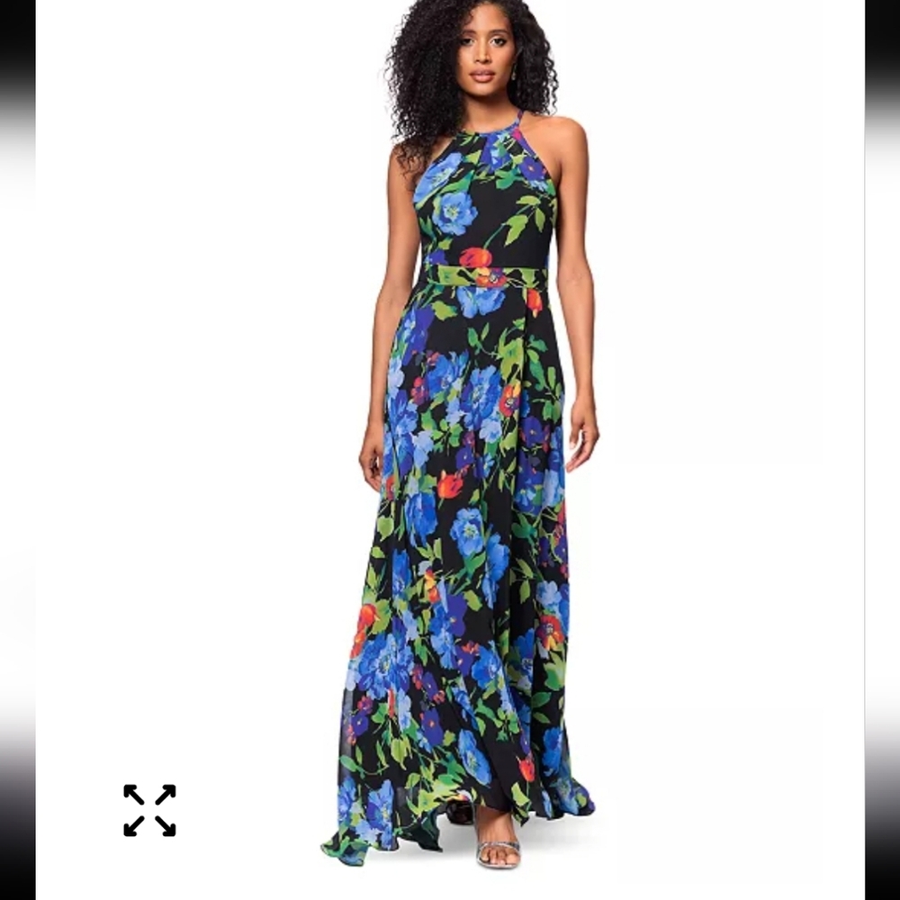 Black Blue Floral Halter Maxi Dress - Elegant Summer Style